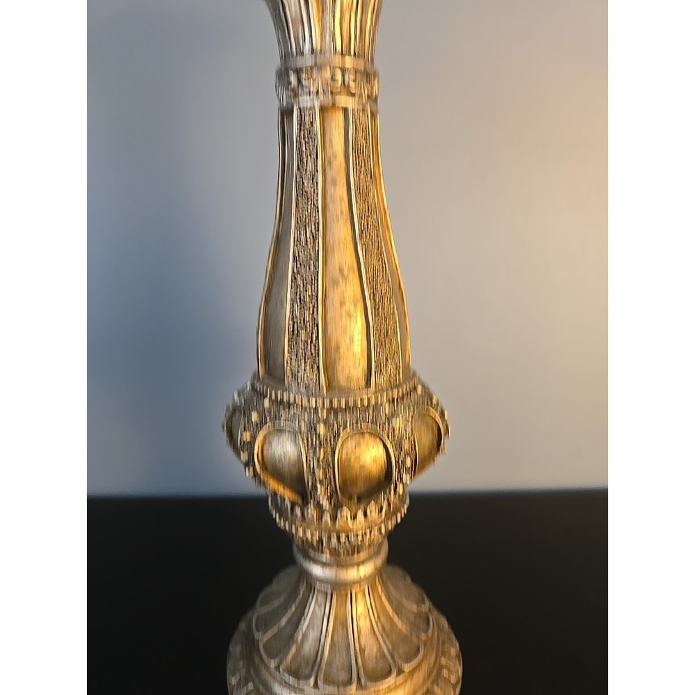 Silver Bronze Tone Embossed Beaded Pedestal Candle Holders 12" Tall Resin - Picture 4 of 11